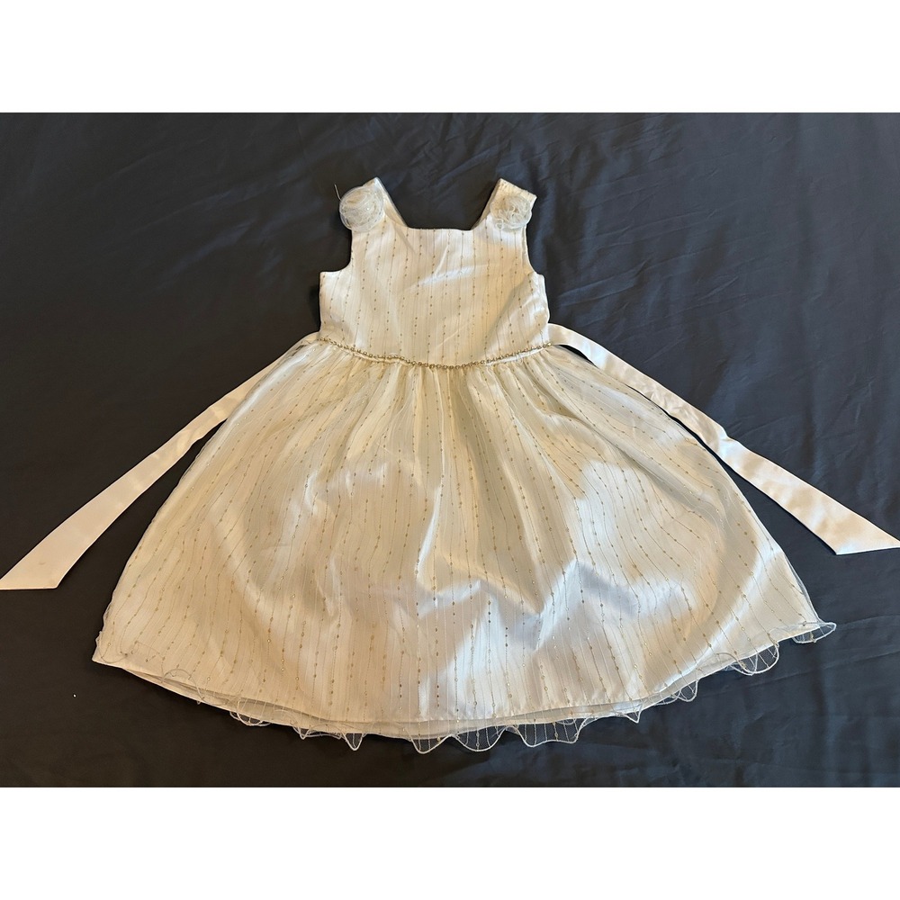 Btween Occasion Girls Ivory Gold Metallic Stripe Tulle Flower Girl Dress Size 6
